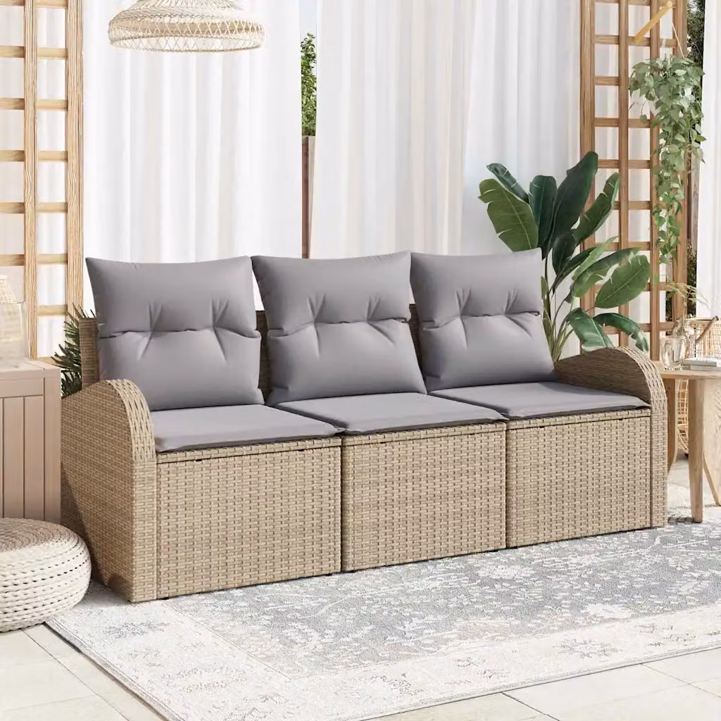 Set Divano da Giardino 3 posti vidaXL in Rattan con Cuscini Beige e Grigio