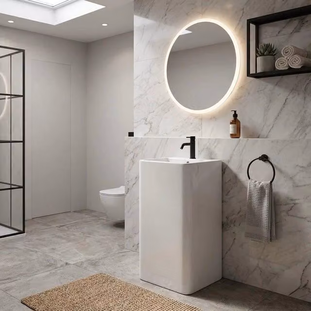 Lavabo freestanding quadro in ceramica con foro rubinetto - Bianco