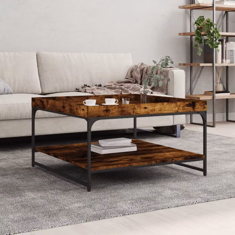 Tavolino da soggiorno vidaXL in stile industriale con piano in legno rovere fumo e struttura in metallo, L 80 x P 80 x H 45 cm
