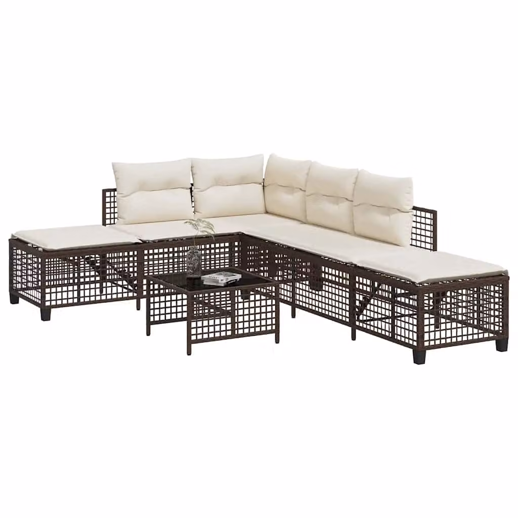 Set di divani ad angolo vidaXL da 3 pezzi con tavolino da giardino in rattan marrone e bianco con cuscini inclusi