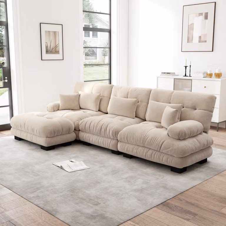 Divano angolare modulare modello "Cloud Couch", poggiapiedi, divano letto profondo, tessuto in chenille (color caffè chiaro)
