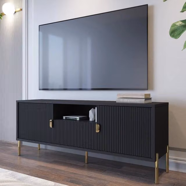 Mobile porta TV Rabattone DMORA con un cassetto soft close, colore nero opaco, L 155 cm x P 40 cm x H 69 cm