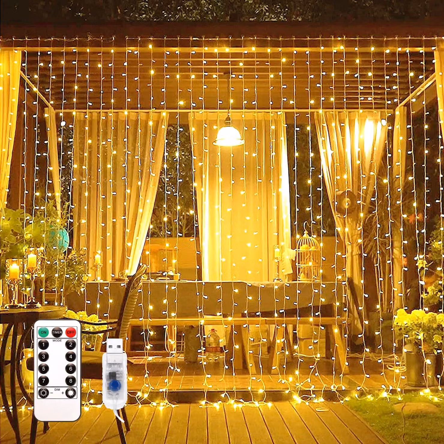Tenda luminosa a LED, 300 LED, 3x3 metri, luce bianca calda, impermeabile, 8 modalità