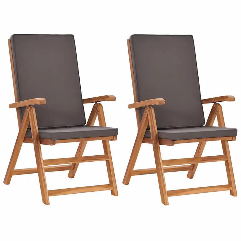 Set di 2 sedie pieghevoli reclinabili vidaXL in legno di teak con cuscini grigi per giardino