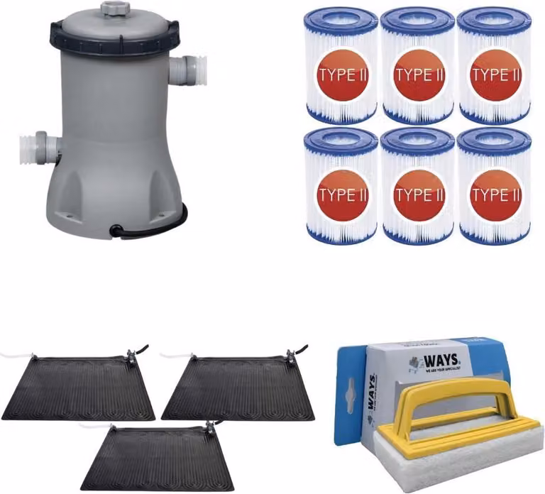 WAYS - Cura della piscina - 3x Solarmat & pompa filtro 2006 L/h & 6 filtri tipo II & spazzolone WAYS