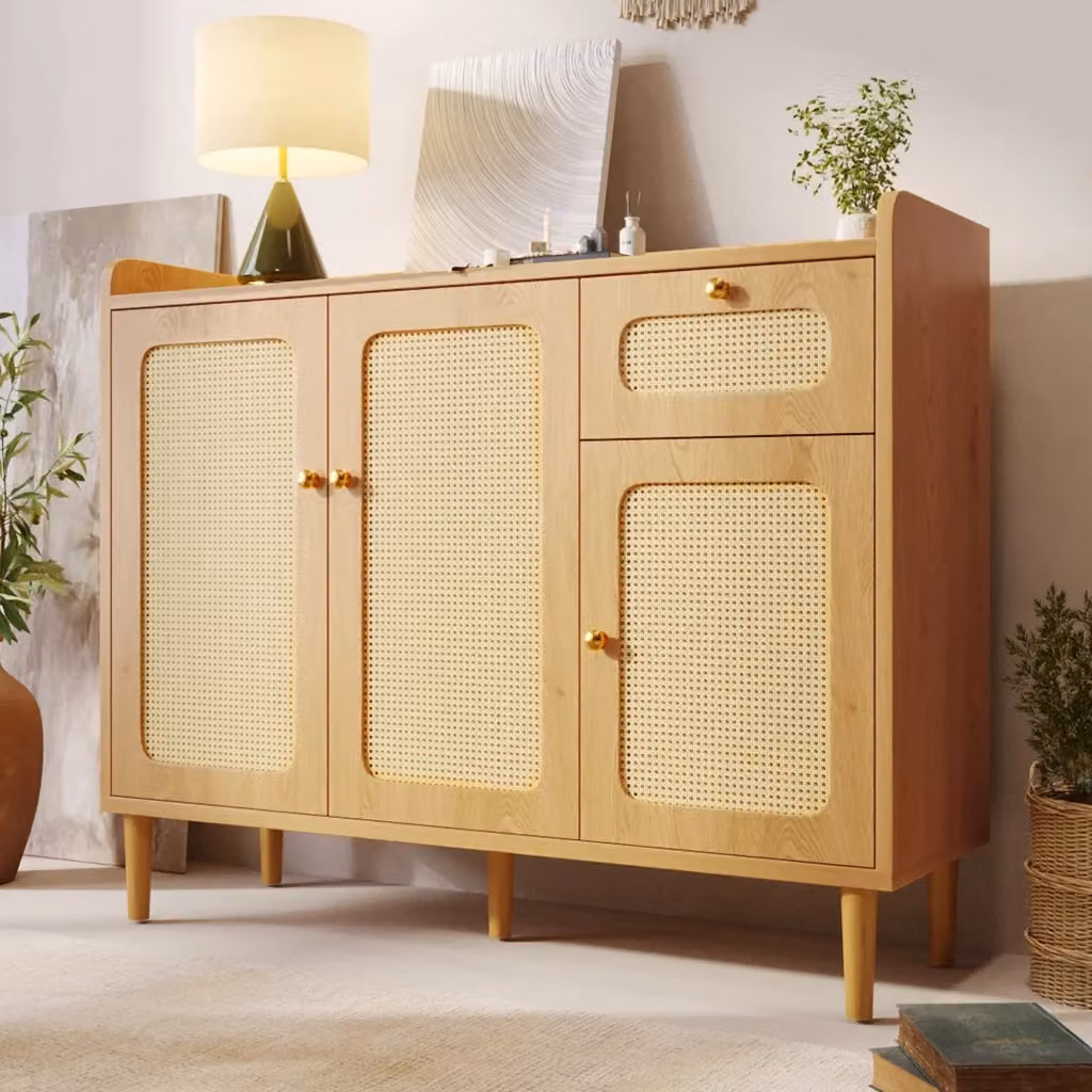 Credenza in stile scandinavo con 3 ante e 1 cassetto soft close, frontali in intreccio rattan, colore marrone, L/P/H: 120 x 40 x 91 cm – 2