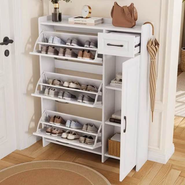 Scarpiera con 3 vani a ribalta, 1 cassetto e 1 anta, ripiani regolabili, per ingresso, bianco, 92 × 24 × 121 cm