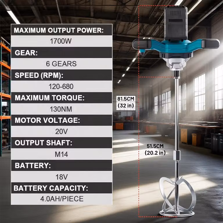 Miscelatore per calcestruzzo - Miscelatore elettrico a batteria per malta e vernici - Motore brushless - 6 velocità - Adatto per cemento, malta e intonaco - 2 batterie