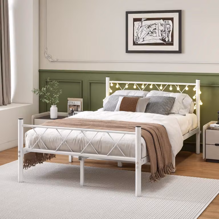 Letto matrimoniale in metallo, dimensioni 120x200 cm, con illuminazione a LED e rete a doghe, colore bianco