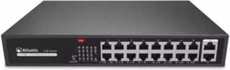 Atlantis switch gigabit poe a02-g18p16-200w 18 porte di cui 2 gigabit 16 poe 10/100mbps sino a 185w (200w tot) incl kit rack-19
