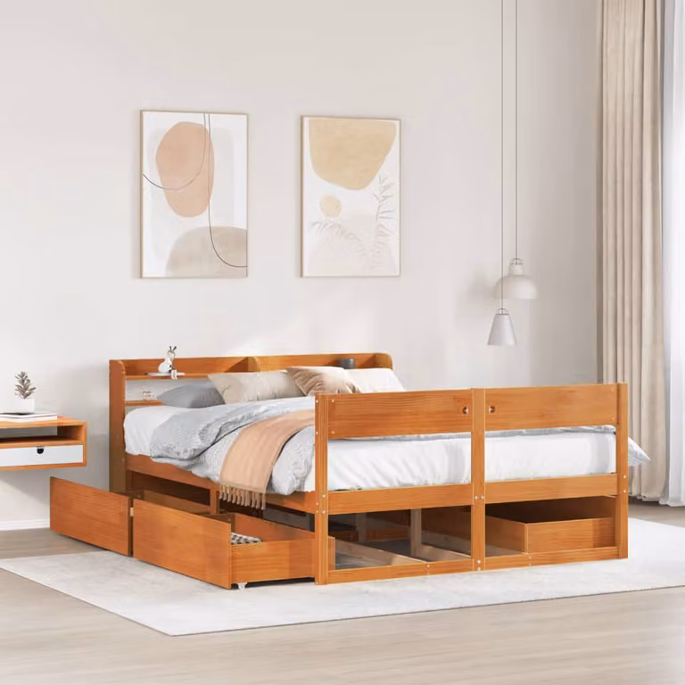 Letto vidaXL in legno di pino massiccio stile rustico marrone cera con cassetti L: 150 cm, P: 200 cm