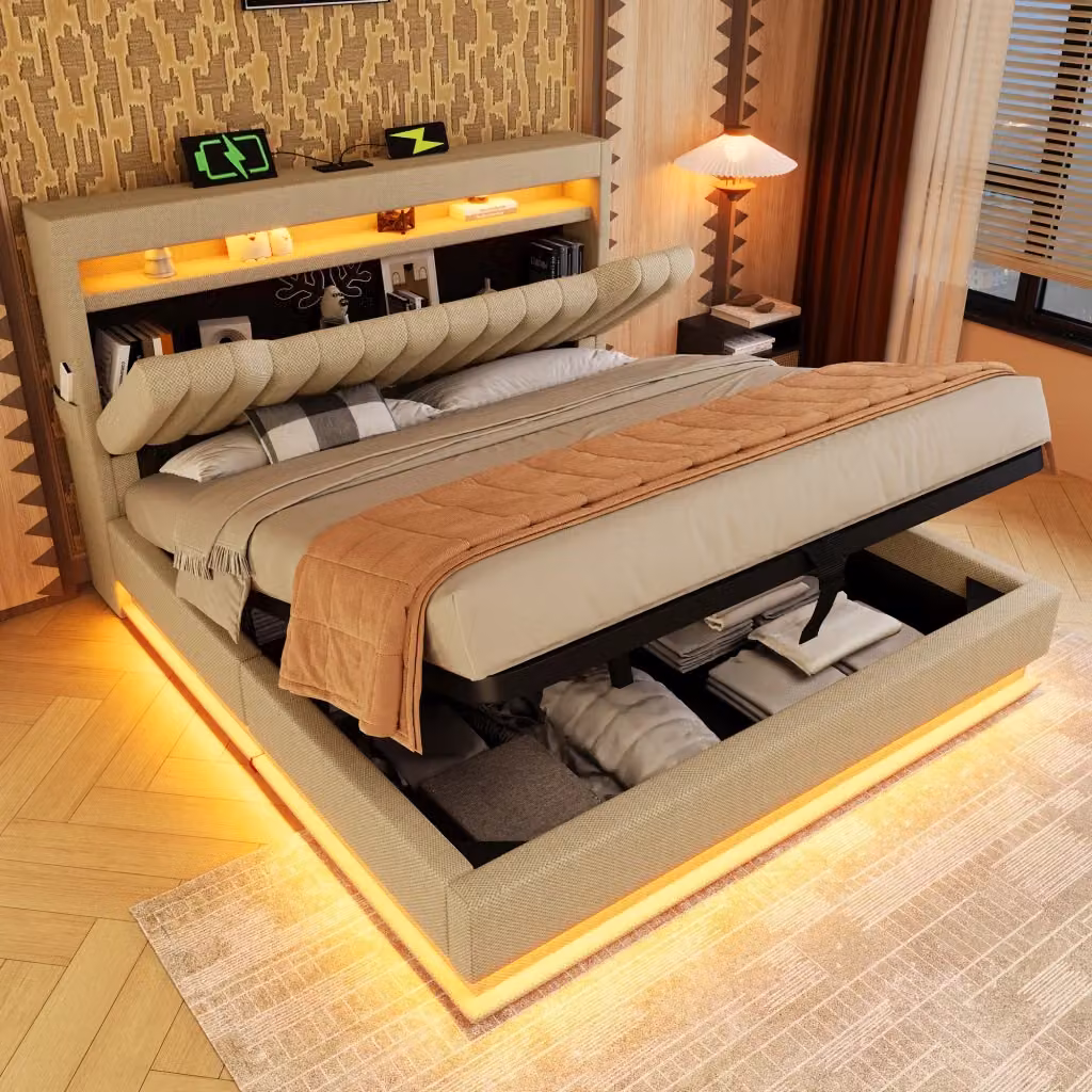 Letto Imbottito REDOM Beige con LED, Porte USB/Type-C e Contenitore Rialzabile L/P: 180 x 200 cm – 2