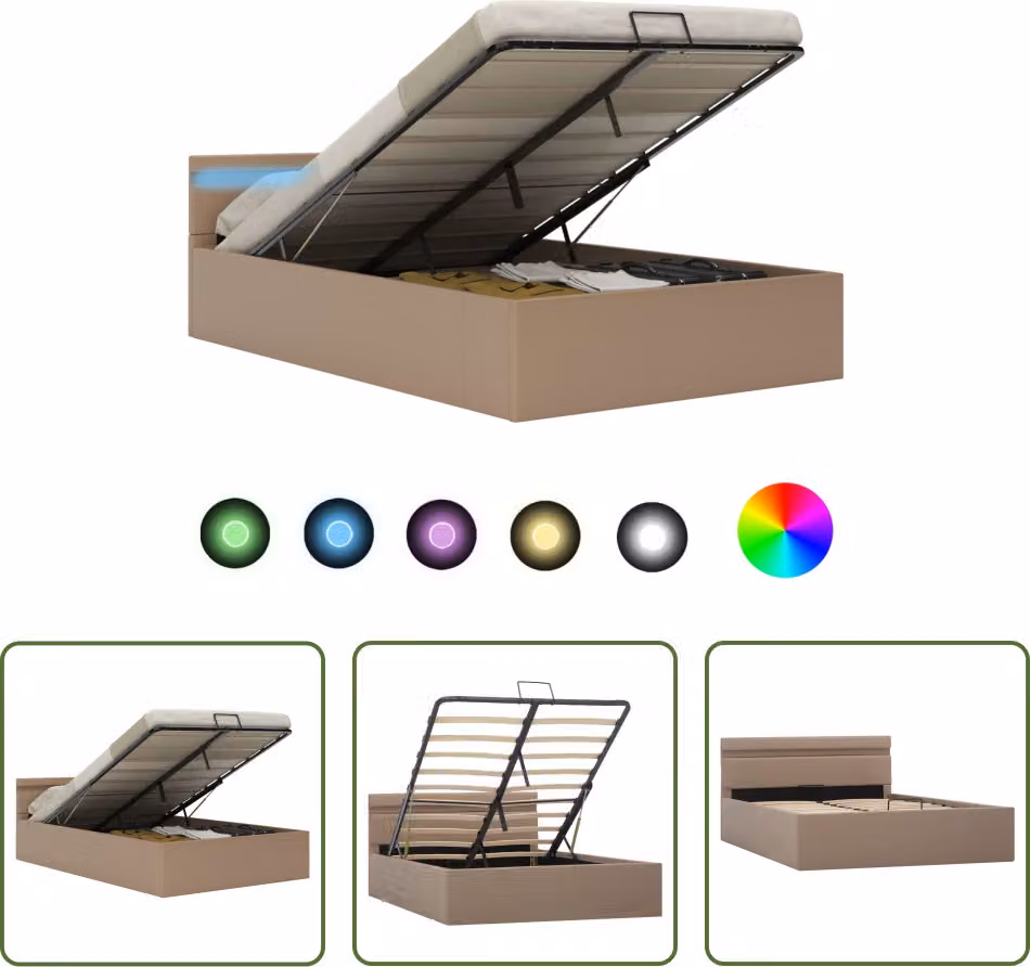 The Living Store Letto contenitore con LED in ecopelle marrone cappuccino 140×200 cm