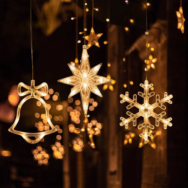 Set di 3 luci decorative a LED per finestre: stelle, fiocchi di neve, campana