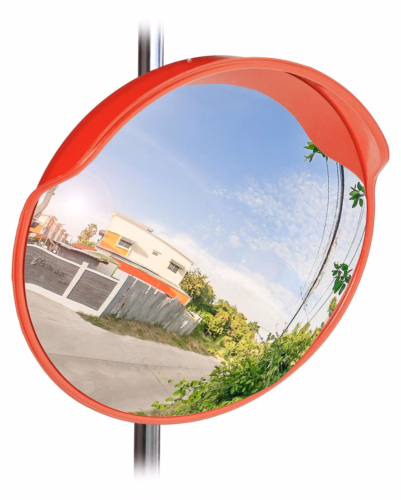 Specchio di segnalazione stradale rotondo, diametro 60 cm, resistente alle intemperie, con supporto, colore rosso