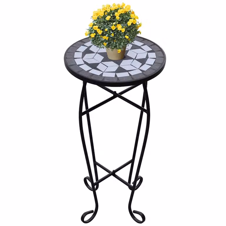 vidaXL Tavolino per piante in metallo e ceramica con mosaico geometrico nero e bianco, L: 60 cm, P: 30 cm, H: 30 cm