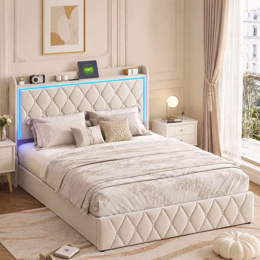 Letto imbottito INONEFT, 140 x 200 cm, con sistema di sollevamento idraulico, contenitore e rete a listelli, letto matrimoniale con LED e USB, per adulti, in velluto, color beige