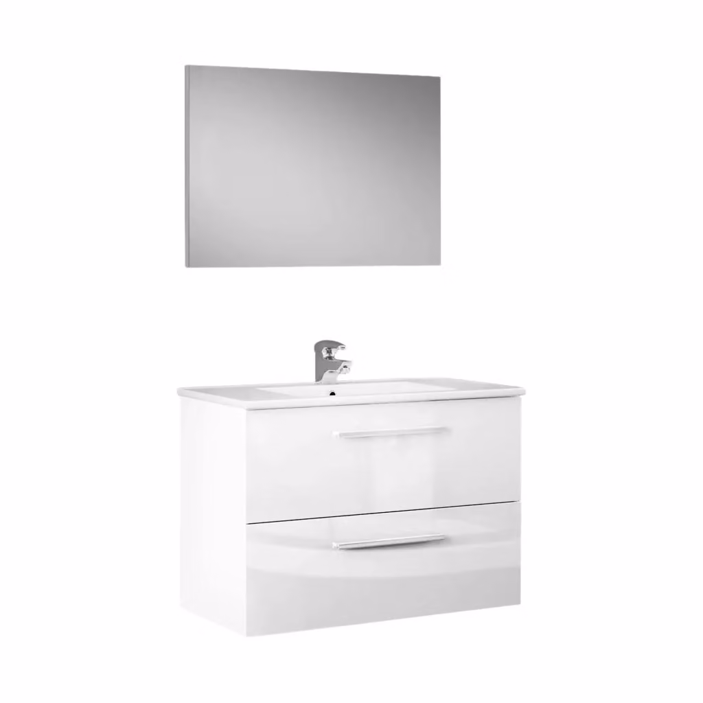 Mobiletto bagno sospeso DMORA Albino bianco lucido con specchio e cassetti, L: 80 cm, P: 45 cm, H: 57 cm – 2