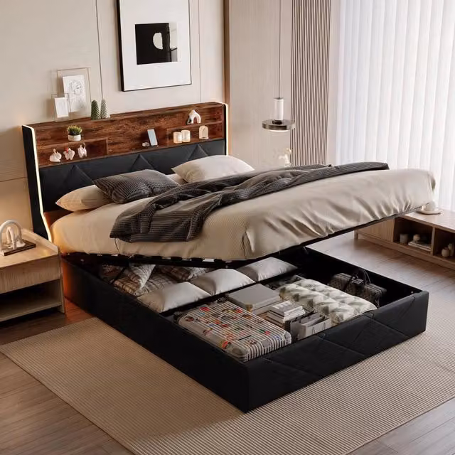 Letto matrimoniale 140x200 cm con contenitore LED USB Type-C testiera rete a doghe struttura letto metallo legno PU - nero