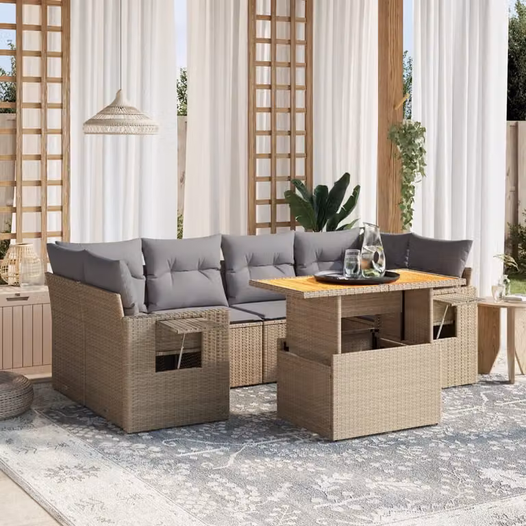 vidaXL Set Divani da Giardino 7 pz a Forma a L in Polyrattan con Cuscini Beige e Grigio