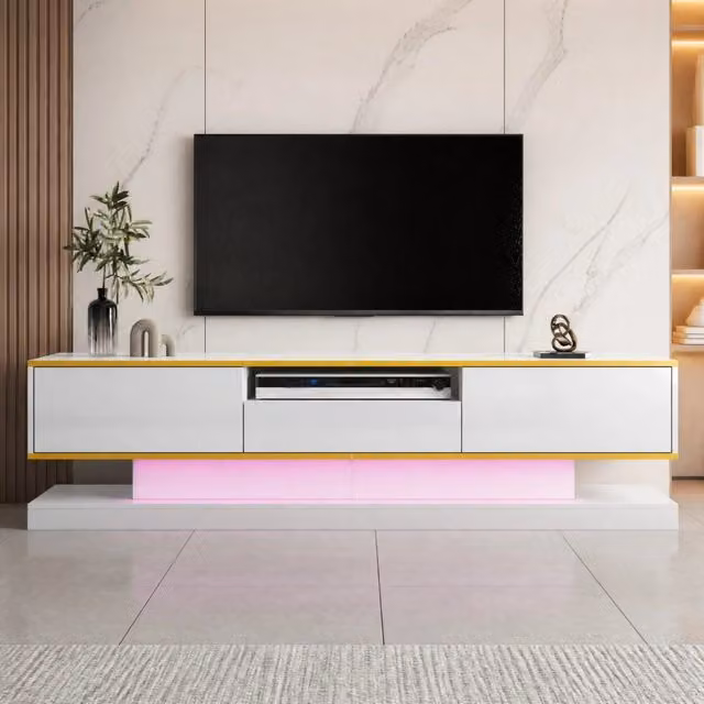 Desviae Mobile porta TV con tre cassetti e LED a colori, finitura lucida, pannelli in truciolare bianco, 180 × 38 × 45 cm