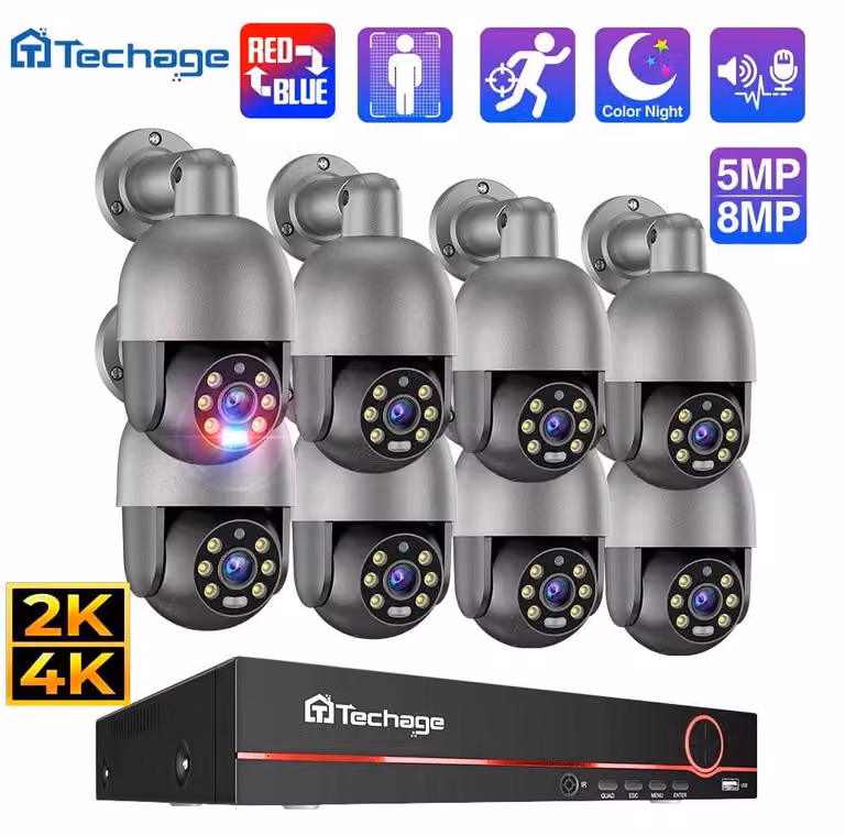 Sistema di telecamere di sicurezza 8 canali, risoluzione 4K, con tecnologia PoE, dotato di telecamera PTZ, rilevamento di persone tramite intelligenza artificiale e audio bidirezionale