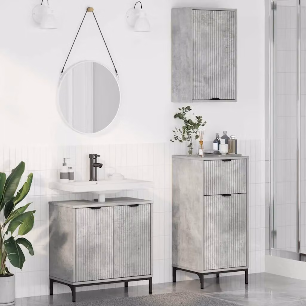 Set di mobili per il bagno moderno vidaXL in 3 pezzi Grigio e Nero con vanità, mobile laterale e colonna alta