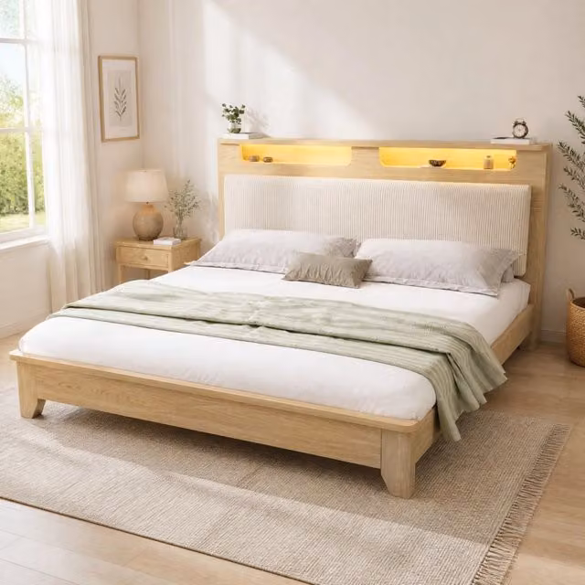 Letto matrimoniale 160x200 cm con testiera LED; contenitore e materasso incluso; effetto rovere e beige