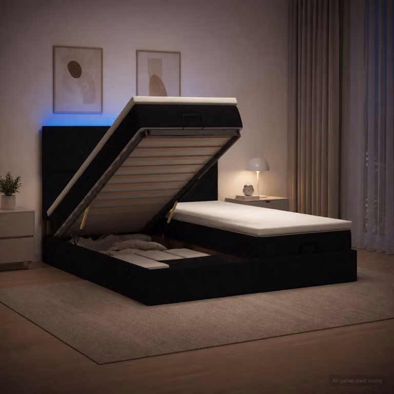 Letto Ottomano vidaXL con Materasso Ibrido, Illuminazione LED e Porte USB, Colore Nero, L/P/H: 180 x 200 x 88 cm