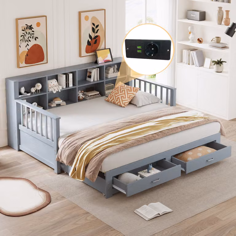 Abrihome divano letto matrimoniale allungabile con funzione letto 90/180x190 cm, 2 cassetti, libreria e presa di ricarica, grigio