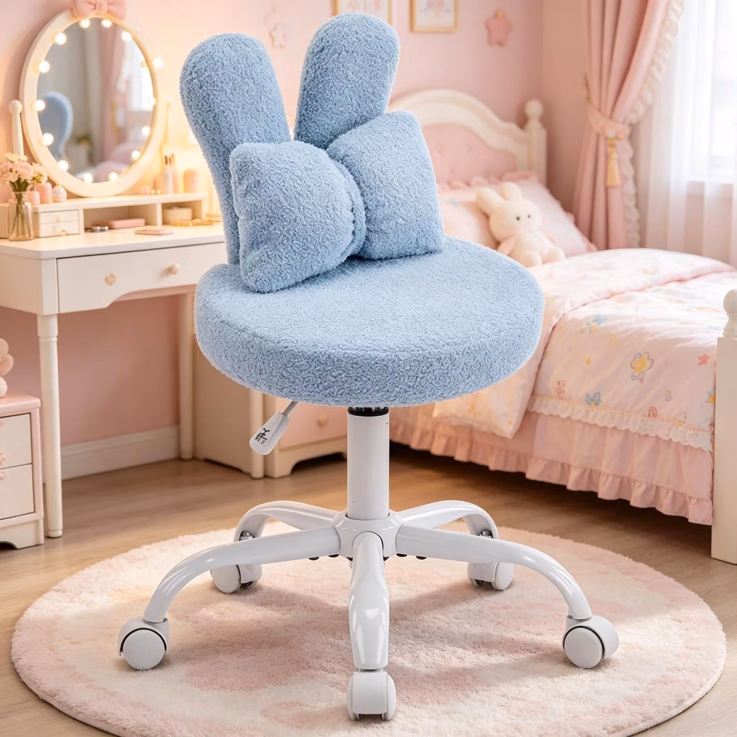 Sedia girevole con design a orecchie di coniglio, ideale per l'ufficio domestico, sedia per bambini, sedia da scrivania per bambini e ragazzi, design a orecchie di coniglio, rotazione a 360°, colore blu