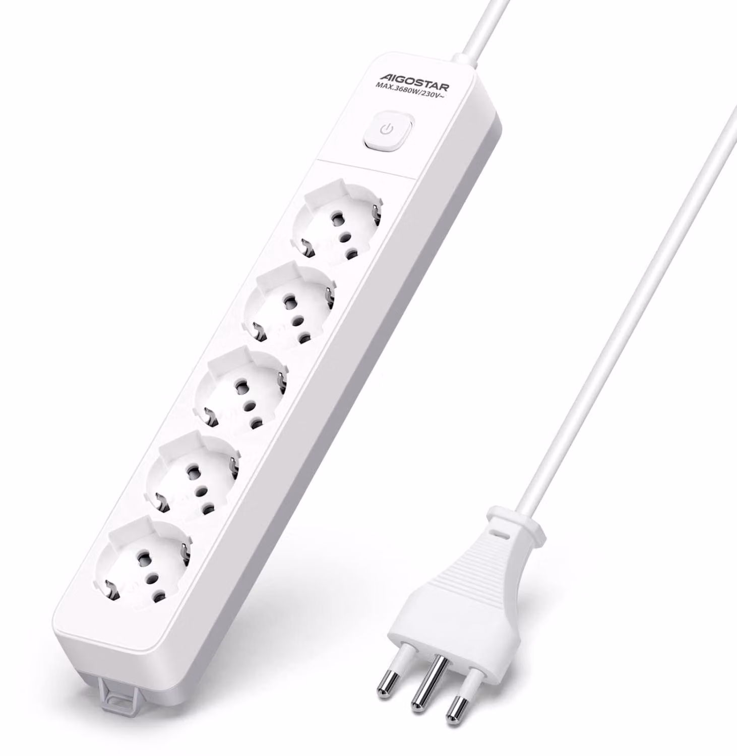 Ciabatta multipresa Aigostar, con 5 prese, interruttore, 250 V/3680 W, cavo da 1,5 metri. Colore: bianco e grigio