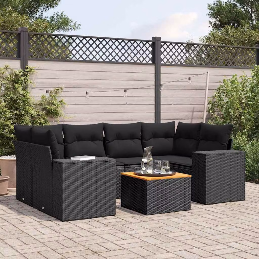 Set Divani da Giardino a L vidaXL in Polyrattan Nero con 7 Cuscini e Tavolino da Esterno – 1