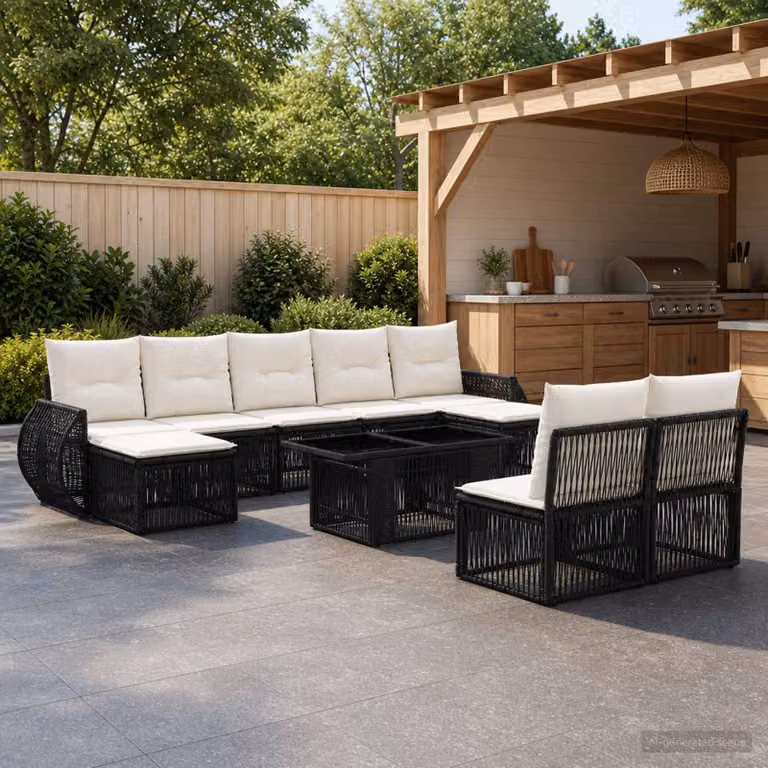 Set Divano da Giardino vidaXL 10 Pezzi a Forma di U in Polyrattan Nero e Bianco Crema con Tavolino, Ottoman e Cuscini Inclusi