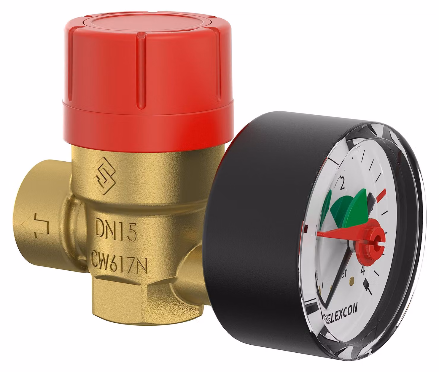 Valvola di sicurezza con manometro, attacco Rp1/2" x Rp1/2", pressione di taratura 3,0 bar, confezione da 1 pezzo