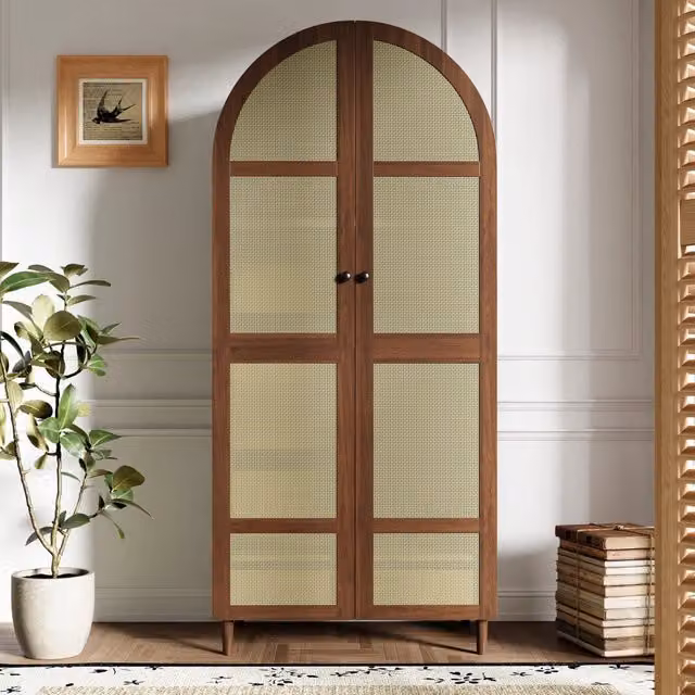 Armadio guardaroba moderno in rattan e MDF marrone con ante a battente, cassetti interni, ripiani e barra appendiabiti, L: 80 cm, P: 50 cm, H: 179 cm – 1