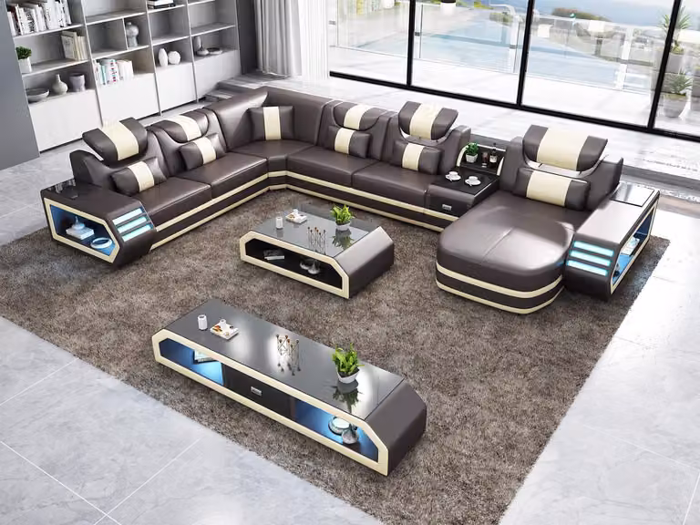 Ecksofa U-Form Couchtisch Wohnlandschaft Polster Eckcouch Couch Leder Ecksofa