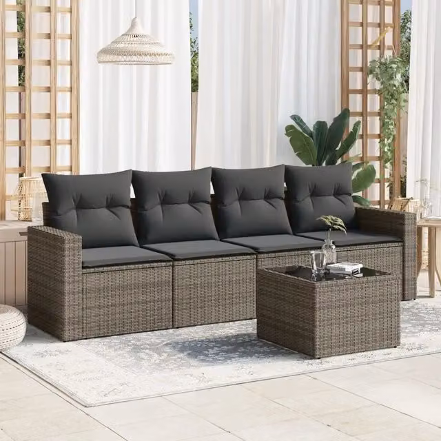 Set Divano da Giardino 5 pz con Cuscini-Sofa da Giardino-Divanetto da esterno Grigio in Polyrattan 362031