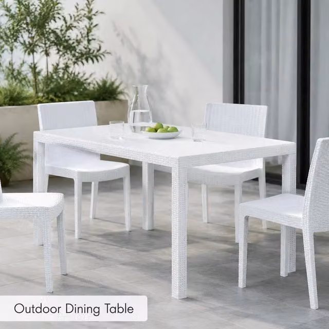 Garden Table, White, 150x90x72 Cm, Plastic, Rattan Look