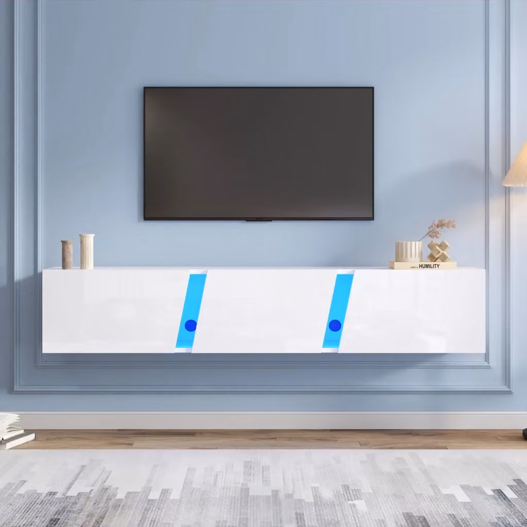 Mobile TV sospeso Mivray bianco con 3 ante a ribalta e illuminazione LED integrata controllata tramite app L: 180 cm, P: 35 cm, H: 30 cm – 2
