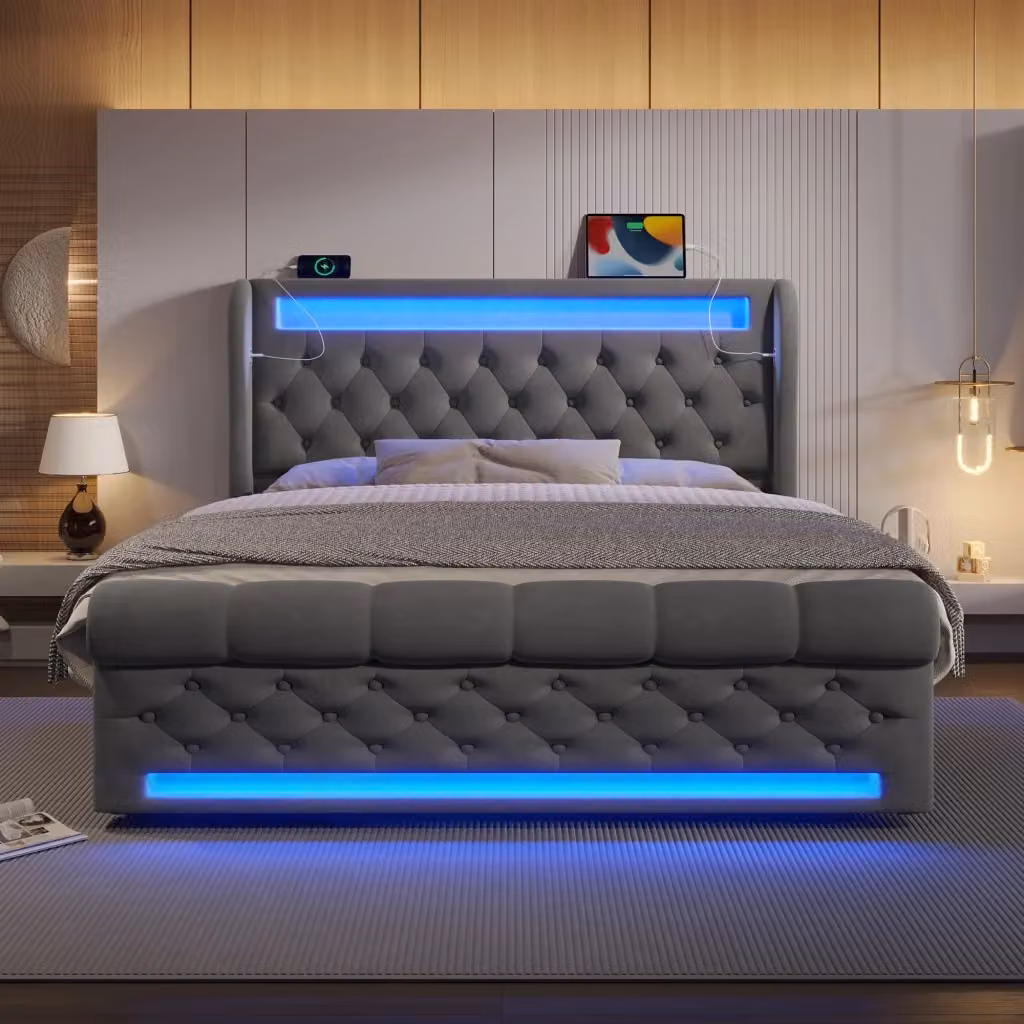 Letto contenitore matrimoniale in velluto grigio con materasso in foam, illuminazione LED e porte di ricarica USB, L/P/H: 140 x 200 x 110 cm – 2