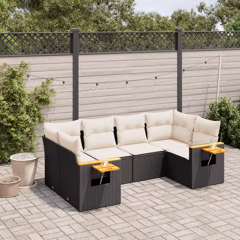 Set Divano da Giardino vidaXL 6 pz in Polyrattan Nero con Cuscini e Tavolino da Esterno a Forma di L