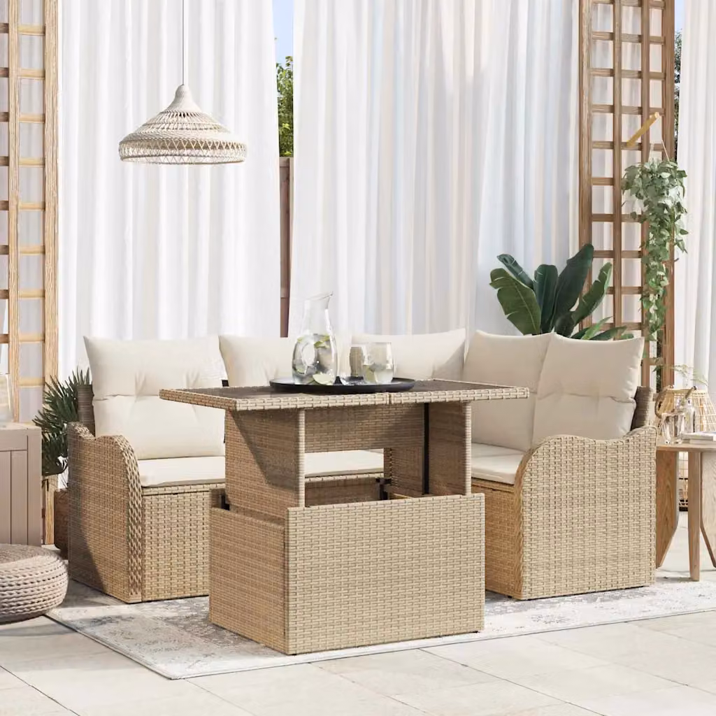 Set da pranzo per esterni vidaXL in polyrattan e vetro beige, 5 pezzi – 1