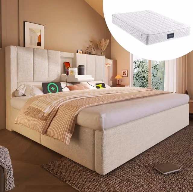 Letto matrimoniale imbottito 160x200 cm con porta bicchieri nascosto, stazione di ricarica USB e contenitore idraulico, beige con rete a doghe e materasso incluso