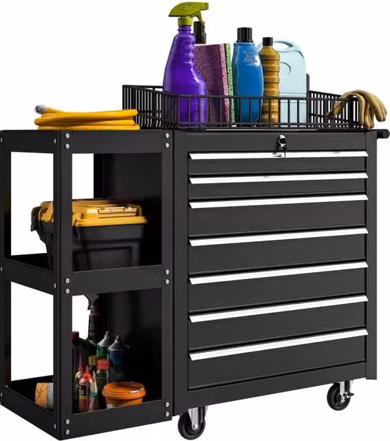 Carrello per utensili zephmum con 7 cassetti e scaffale laterale rimovibile in metallo nero L: 96 cm, P: 33.5 cm, H: 75 cm – 1