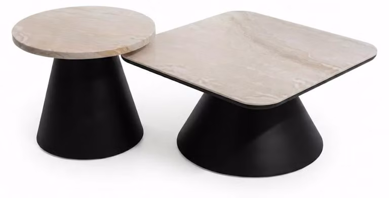 Tavolino da caffè moderno beige, effetto marmo, con struttura in metallo, set per soggiorno