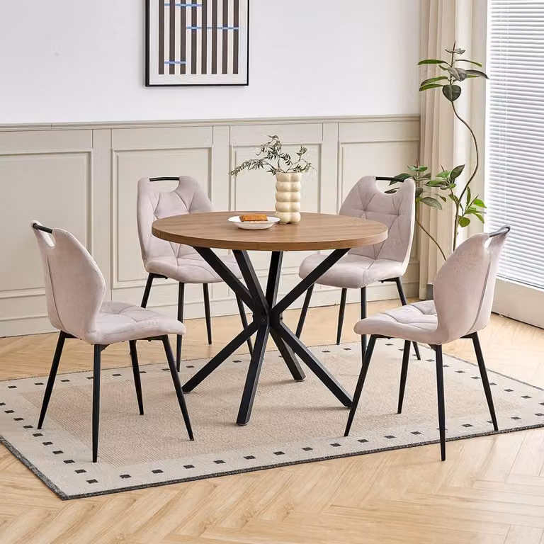 Tavolo rotondo da pranzo con base in legno, diametro 100 cm, con 4 sedie imbottite, stile nordico, colore marrone scuro/beige