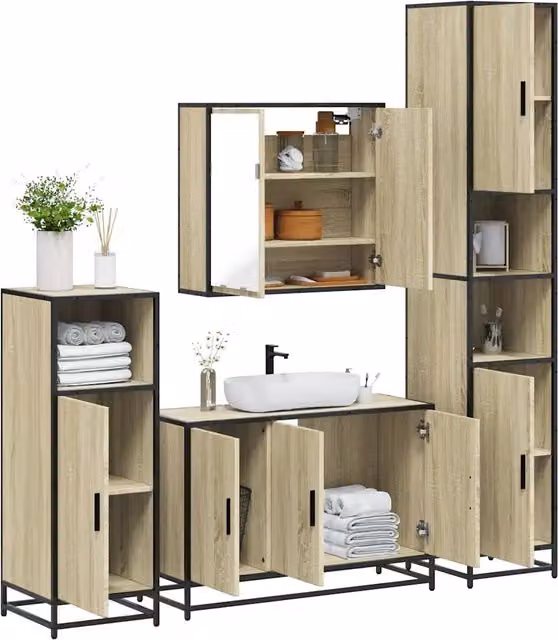 Set di mobili da bagno industrial vidaXL in legno e metallo marrone composto da armadietto specchio, mobile lavabo, mobile laterale e colonna alta