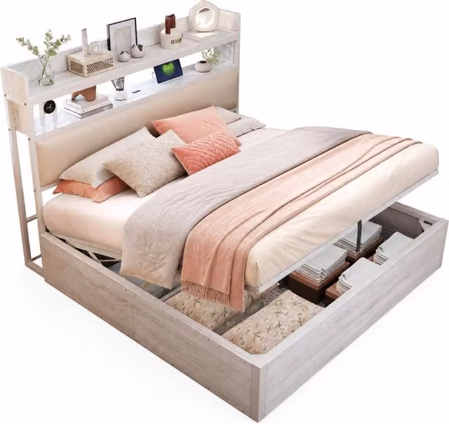 Letto matrimoniale 180x200 cm con contenitore idraulico; USB e testiera imbottita bianco