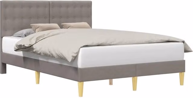 Letto matrimoniale con testiera in tessuto beige e grigio, struttura imbottita in legno, L/P/H: 140 x 200 x 96 cm